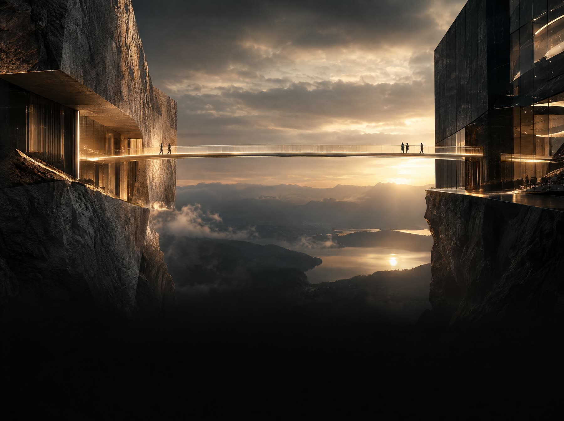 Two dark architectural structures on a clifftop connected by a lit glass walkway at sunset, with people crossing between them.