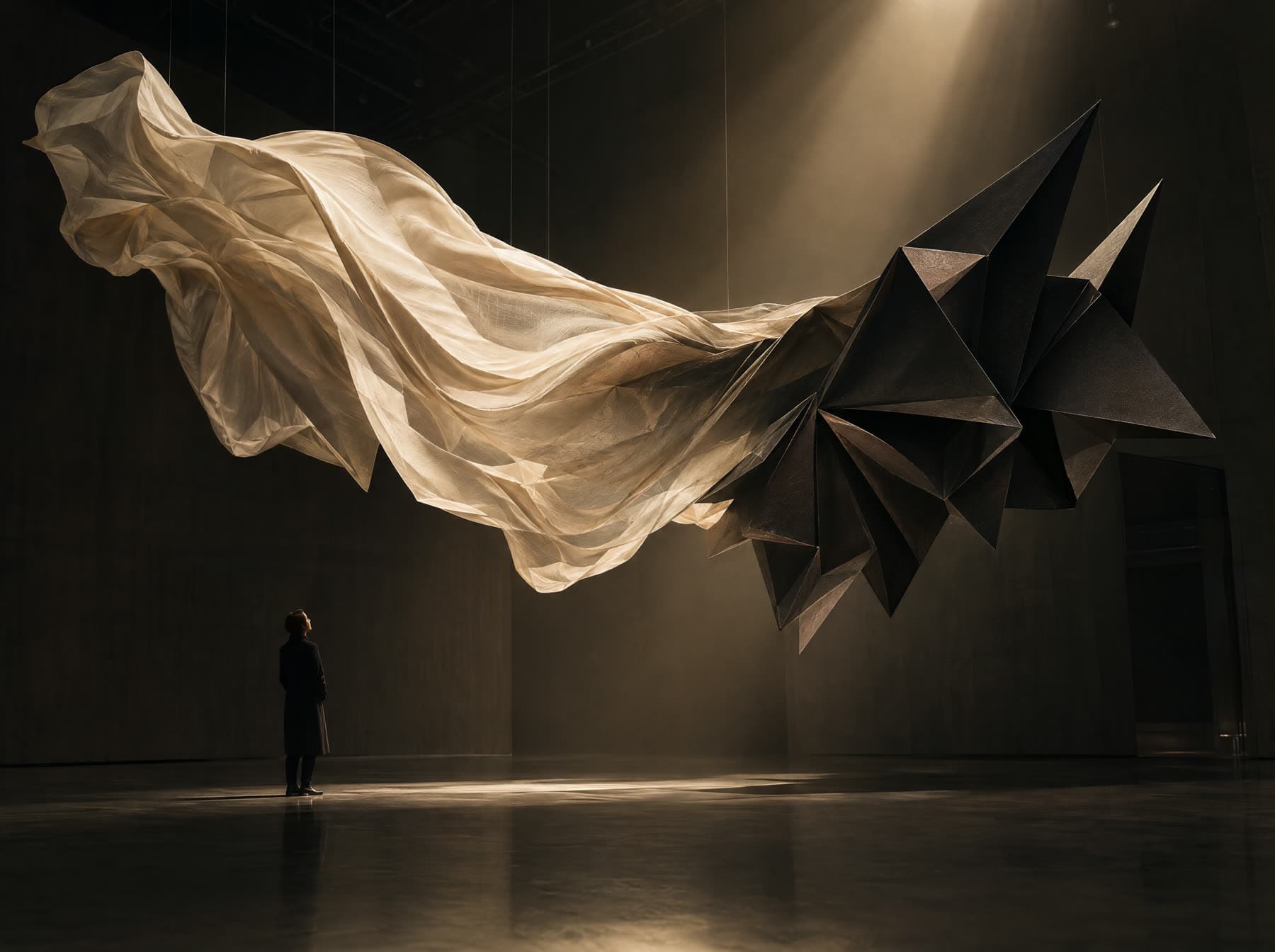 A flowing ivory fabric installation transforming into angular dark geometric forms, lit from above in a dark gallery.